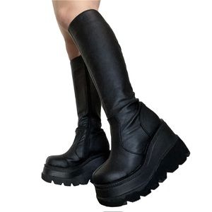 Demonia Shaker-100 Black Vegan Knee-High Platform Boots